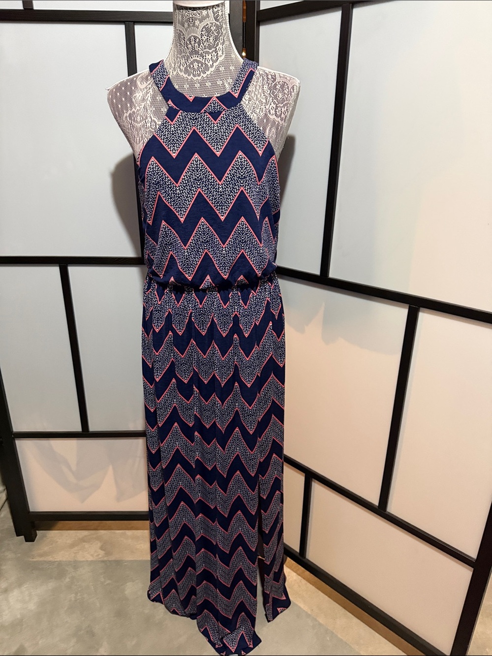 Three Hearts Navy and Pink Chevron Halter Maxi Dress